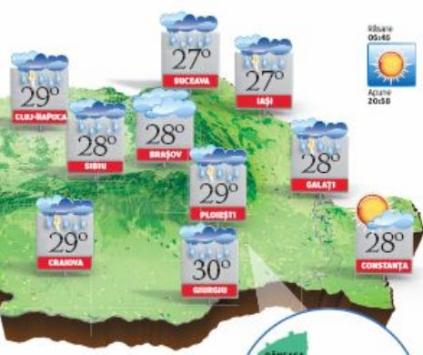 PROGNOZA METEO Averse și descărcări electrice mai ales în regiunile