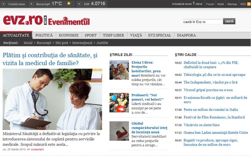 Noul evz.ro, în topul site-urilor