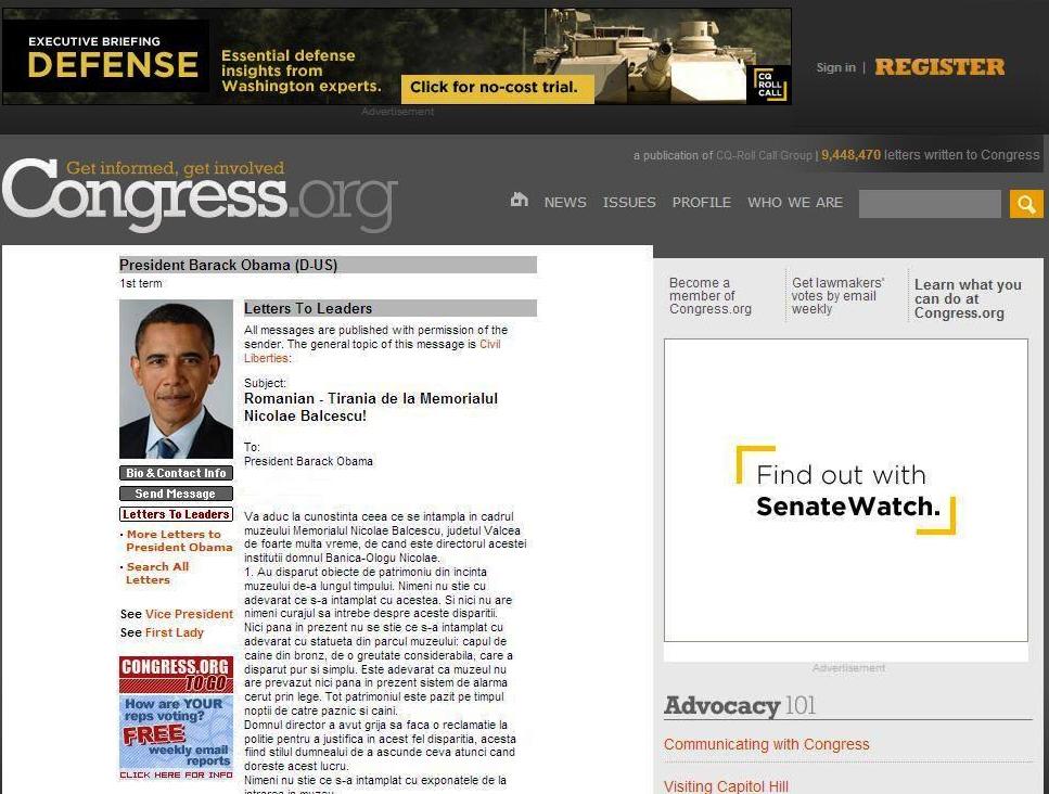 Preşedintele american Barack Obama este solicitat de un oltean să cerceteze dispariţia unui cap de câine din bronz