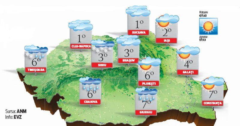 Frig în toată ţara. Precipitaţiile se vor transforma în lapoviţe şi ninsori