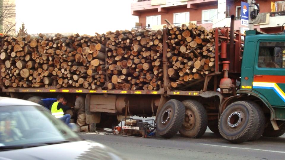 DRUM EUROPEAN BLOCAT. Un camion cu lemne s-a răsturnat pe şosea