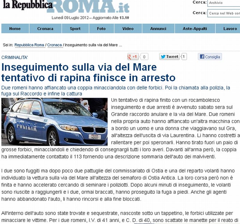 Doi români, arestaţi la Roma pentru tentativă de jefuire cu foarfeci