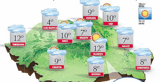 PROGNOZA METEO. Vreme primăvăratică şi temperaturi de 12 grade C, în vestul şi nord-vestul ţării