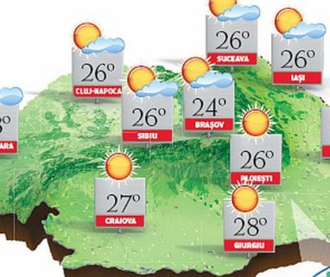 Cerul rămâne noros și, pe arii relativ extinse, se vor semnala ploi în averse