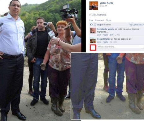 GAFĂ DE IMAGINE. Victor Ponta în pantofi de lac, impecabil lustruiţi, alături de o femeie SINISTRATĂ plină cu noroi | GALERIE FOTO