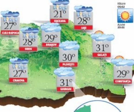 PROGNOZA METEO În majoritatea zonelor, instabilitatea atmosferică va fi accentuată, iar temperaturile mai mici