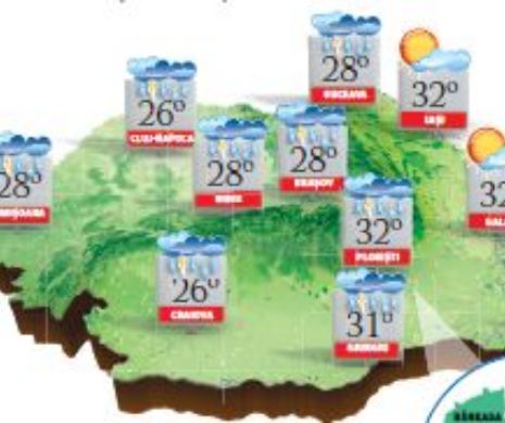 PROGNOZA METEO. Persistă înnorările cu averse și descărcări electrice în jumătatea de vest a țării și la munte