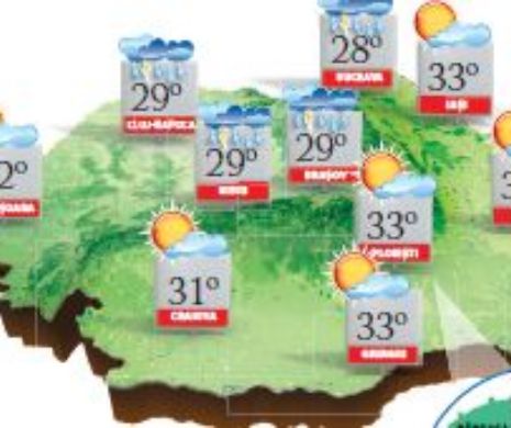 PROGNOZA METEO. Vreme călduroasă, cu maxime de 34 de grade C, și cu înnorări temporare