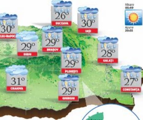 PROGNOZA METEO Vremea nu ține cu noi. Pe arii extinse, vor cădea ploi însoțite de descărcări electrice