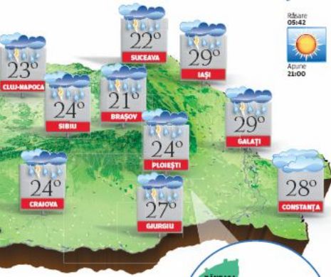 PROGNOZA METEO Vremea va fi rece și instabilă, cu vânt, înnorări accentuate, ploi și descărcări electrice