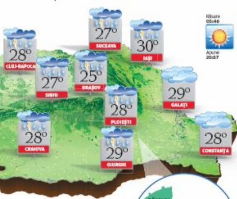 Vremea rămâne capricioasă, cu soare, ploi temporare, descărcări electrice, vânt și grindină