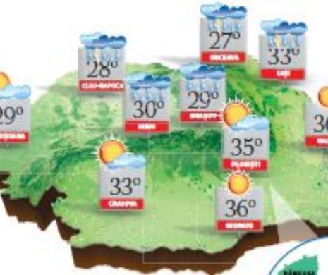 PROGNOZA METEO. Canicula persistă în sud și sud-est. În restul țării, temperaturile sunt în scădere