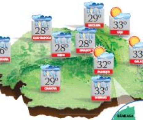 PROGNOZA METEO. Ploi și descărcări electrice în vest, la deal și la munte. În sud-est, local, caniculă