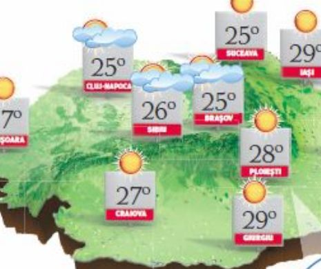 PROGNOZA METEO. Vreme călduroasă, cu nori răzleți și, local, ceață