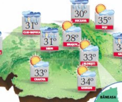 PROGNOZA METEO: Vreme caniculară în sud-est. Spre seară, local, ploi în averse