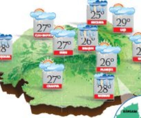 PROGNOZA METEO. Vreme instabilă în toată țara, cu înnorări, averse și descărcări electrice