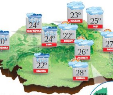 PROGNOZA METEO. Ploi însemnate cantitativ în sud-vestul țării, iar temperaturile vor marca o ușoară scădere