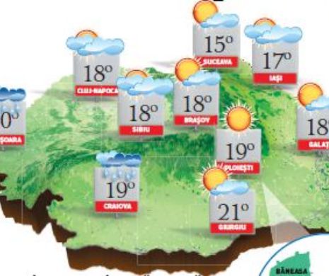 PROGNOZA METEO. Vreme frumoasă cu înnorări și ploi trecătoare în cea mai mare parte a țării