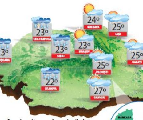 PROGNOZA METEO. Vreme în general instabilă cu înnorări și averse însoțite de descărcări electrice