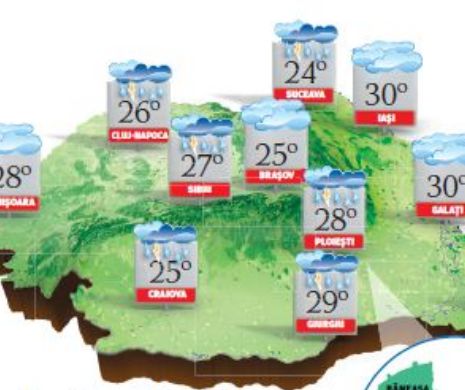 PROGNOZA METEO. Vreme instabilă. Va ploua în averse mai ales în sud și la munte, iar vântul va sufla în rafale
