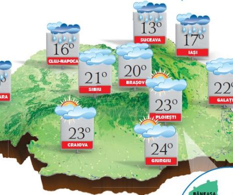 PROGNOZA METEO. Cer înnorat în nord-vestul si estul teritoriului. În rest, vreme frumoasă și caldă