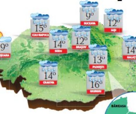 PROGNOZA METEO. Ploi pe arii extinse în sudul, estul și centrul țării. În rest, înnorări temporare