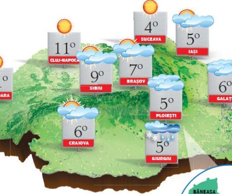 PROGNOZA METEO. Precipitații mixte mai ales în Muntenia și Oltenia, iar pe litoral vântul face legea