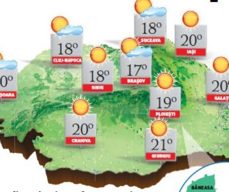 PROGNOZA METEO. Vreme frumoasă și caldă în toată țara, cu cer senin și unele înnorări noaptea