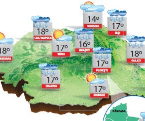PROGNOZA METEO. Vreme răcoroasă în toată țara cu ploi trecătoare și vânt slab spre moderat