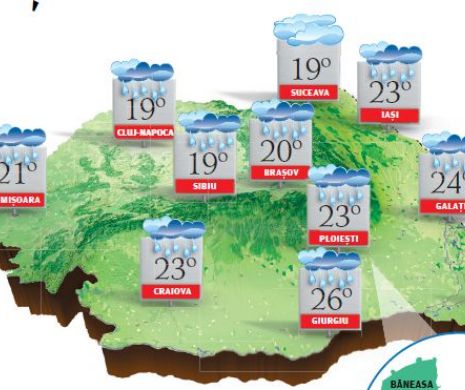 PROGNOZA METEO. Vreme rece în toată țara, cu cer înnorat și averse însoțite de descărcări electrice