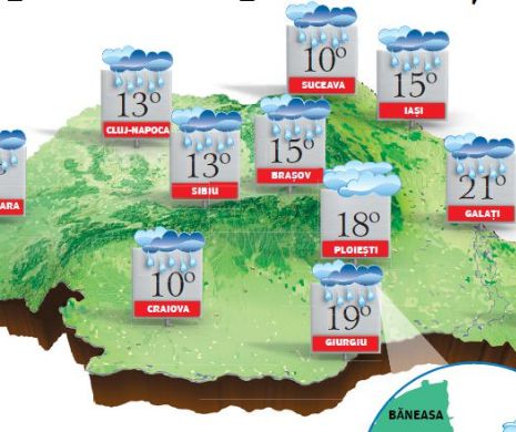 PROGNOZA METEO. Vreme rece pentru această perioadă din an, iar aria ploilor va cuprinde treptat toată țara