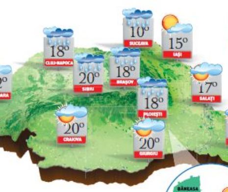 PROGNOZA METEO. Vremea rece în toată țara. În nord-vest, centru și la munte, va ploua pe arii extinse