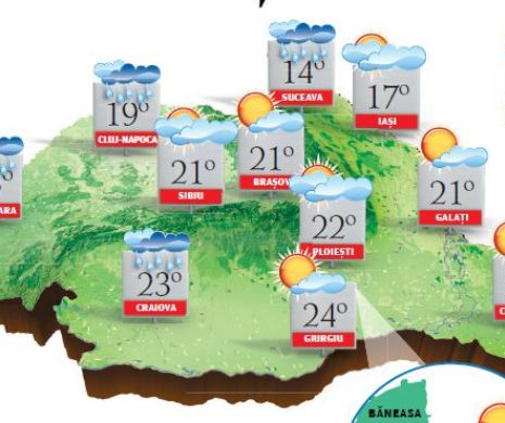 PROGNOZA METEO. Vremea se răcește semnificativ în vestul și sud-vestul tării, în restul teritoriului se menține caldă