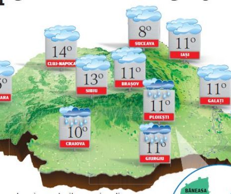 PROGNOZA METEO. Cer mai mult noros, cu ploi slabe sau burnițe și cu temperaturi în limite normale
