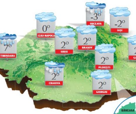 PROGNOZA METEO. Vor cădea precipitații slabe în cea mai mare parte a țării, predominant sub formă de ninsoare