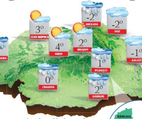 PROGNOZA METEO. Vreme deosebit de rece cu precipitații mixte, în regiunile extracarpatice