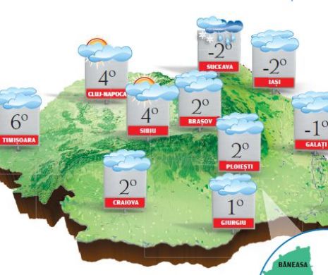 PROGNOZA METEO. Vreme deosebit de rece mai ales în regiunile extracarpatice. Local, ninsori slabe sau burniță