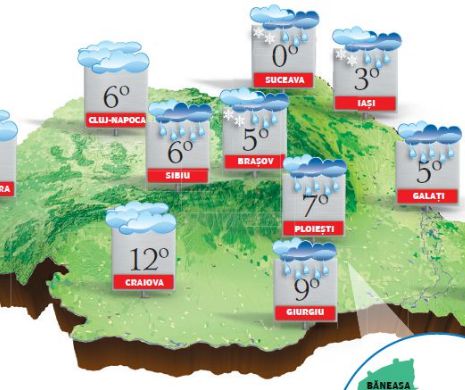 PROGNOZA METEO. Vreme închisă, cu ninsori, ploi, vânt moderat și temperaturi din ce în ce mai scăzute