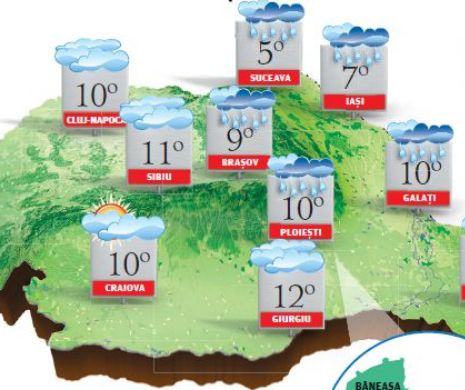 PROGNOZA METEO. Vremea va fi în general închisă, cu cer noros, vânt moderat și ploi slabe