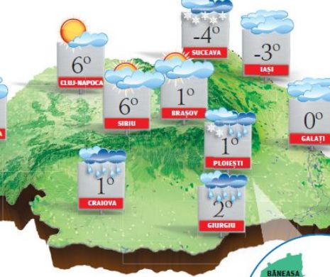PROGNOZA METEO. Frigul, vântul, ploaia și ninsoarea au pus stăpânire pe aproape toată țara