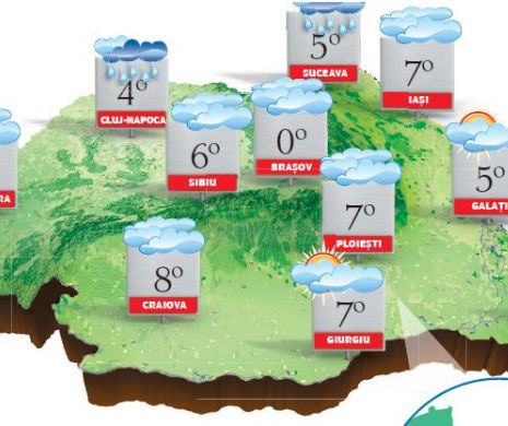 PROGNOZA METEO. Săptămâna debutează cu ninsori, ploi și vânt intens mai ales pe crestele muntoase