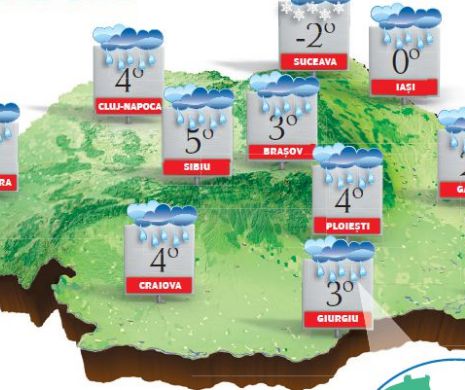 PROGNOZA METEO. Vreme închisă în toată țara, cu ploi, precipitații mixte și ninsori