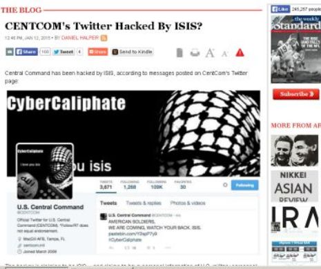 Contul Twitter al Comandamentului Central al SUA a fost spart de JIHADIȘTI