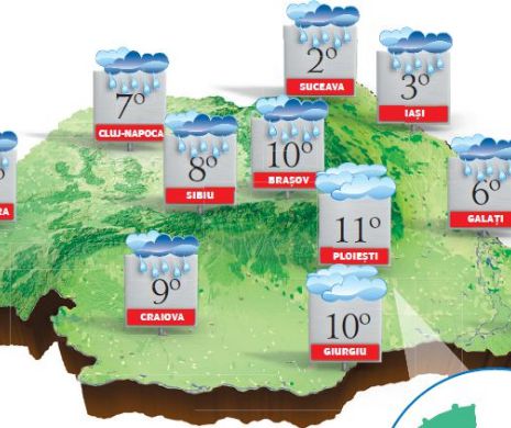 PROGNOZA METEO. Ploile vor fi vedetele zilei mai ales în Vestul, centrul și Nordul țării, iar la munte va ninge
