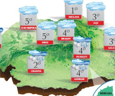 PROGNOZA METEO. Vreme mohorâtă, cu precipitații mixte, slabe cantativ, vânt moderat și temperaturi modeste