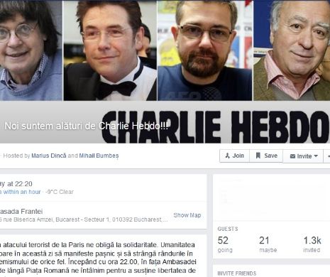 Românii se solidarizează cu Charlie Hebdo. Manifestație pentru libertatea de exprimare în fața Ambasadei Franței de la București