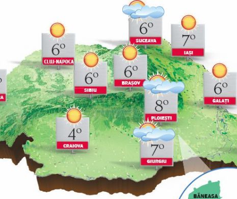 PROGNOZA METEO. Cer senin în majoritaea zonelor, cu temperaturi maxime peste cele specific perioadei