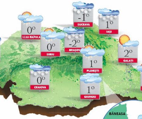 PROGNOZA METEO. În centrul, sudul țării și la munte, vreme geroasă cu vânt și ninsori slabe