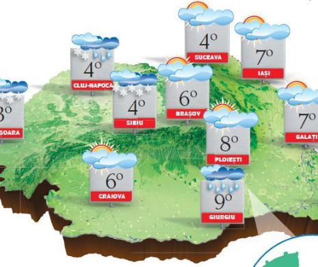 PROGNOZA METEO. Vreme mohorâtă, cu ploi, ninsori, polei, vânt și temperaturi în scădere ușoară