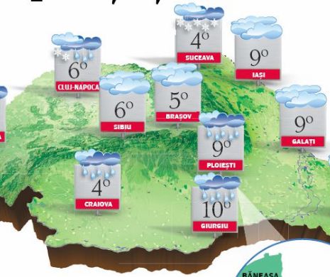 PROGNOZA METEO. În următoarele trei zile se întoarce iarna, cu vânt, ploi, lapoviță și ninsori